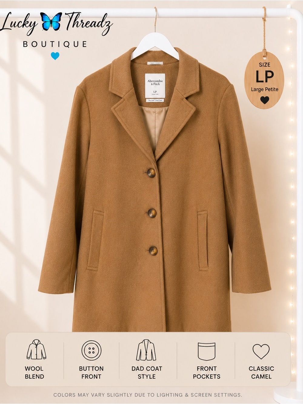 Abercrombie & Fitch Wool Blend Tailored Camel Dad Coat Large Petite LP